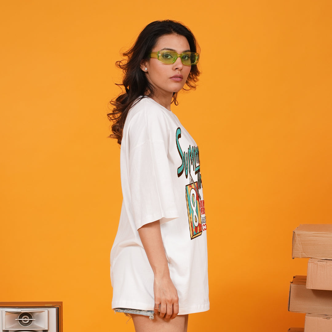 Summer Time White Oversized Dropshoulder Womens T-shirt
