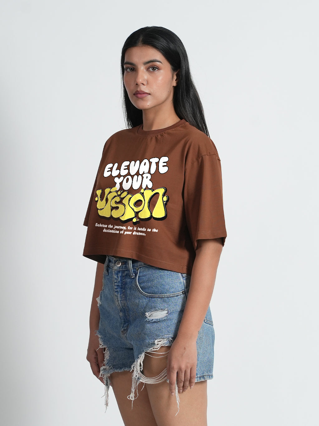 Elevate Your Vision Brown Trendy Graphic Printed Crop Top For Women