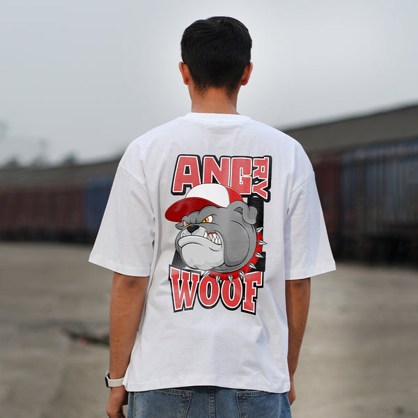 Angry woof casual white oversized t-shirt for men