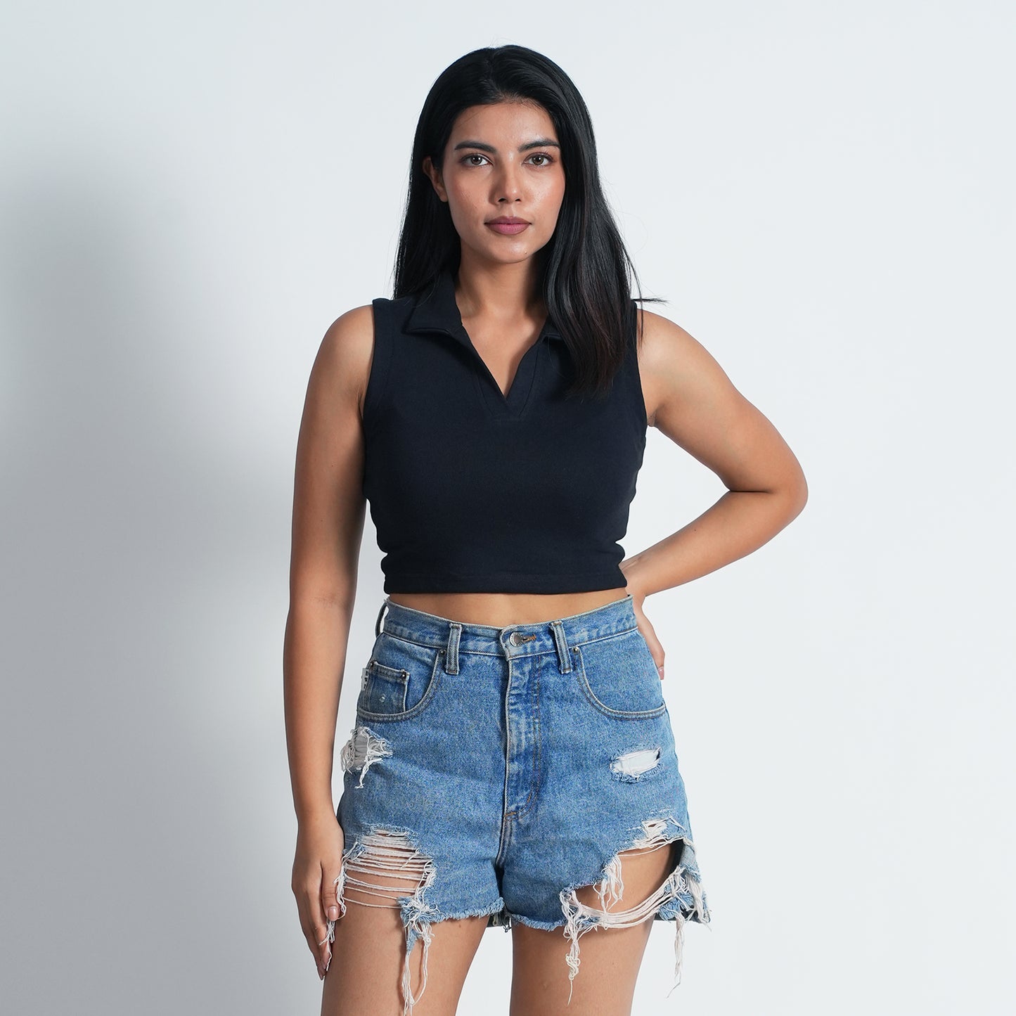 Women Collar Navy blue Sleeve less Summer Wear Tank Top