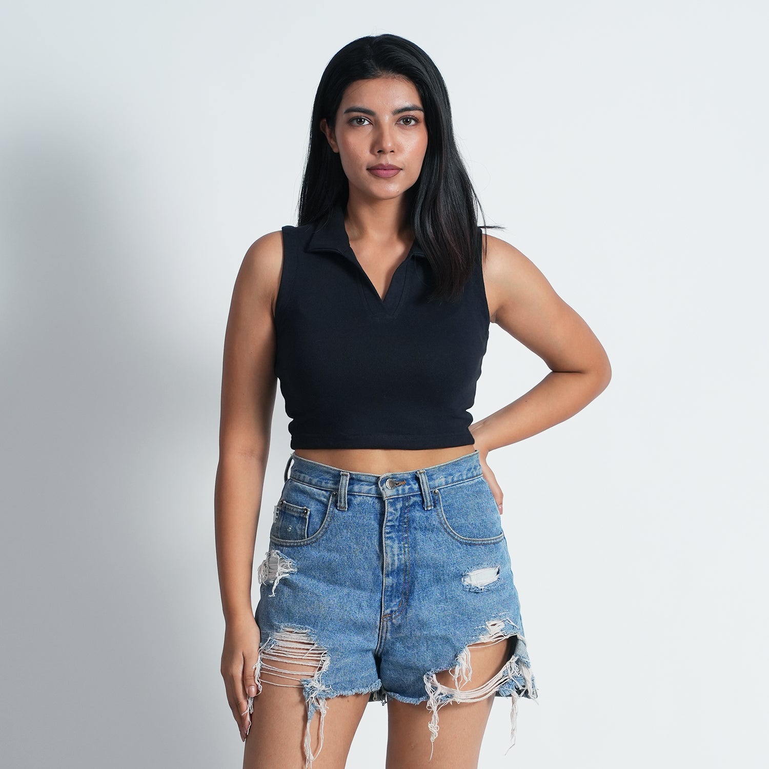 Women Collar Navy blue Sleeve less Summer Wear Tank Top