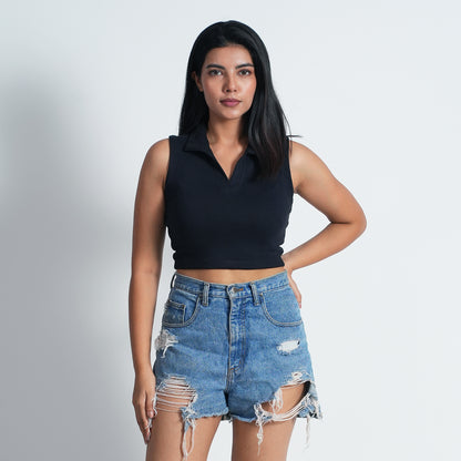 Women Collar Navy blue Sleeve less Summer Wear Tank Top