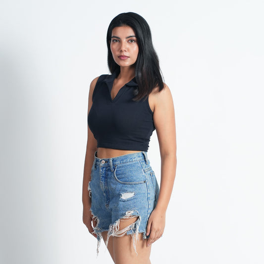 Women Collar Navy blue Sleeve less Summer Wear Tank Top