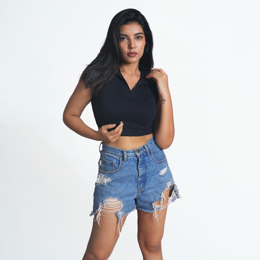 Women Collar Navy blue Sleeve less Summer Wear Tank Top