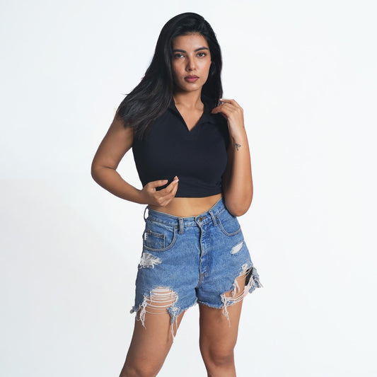 Women Collar Navy blue Sleeve less Summer Wear Tank Top