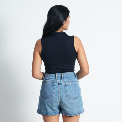 Women Collar Navy blue Sleeve less Summer Wear Tank Top