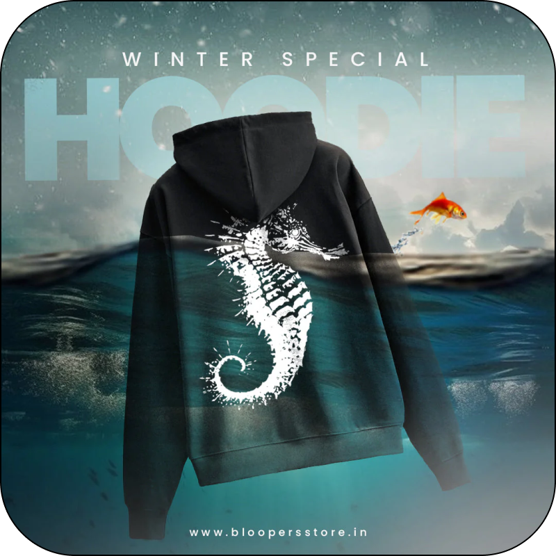 Black hoodie with seahorse design on a water-themed background