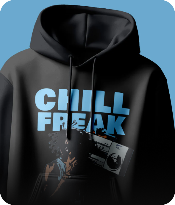 Black hoodie with 'CHILL FREAK' text and graphic design 