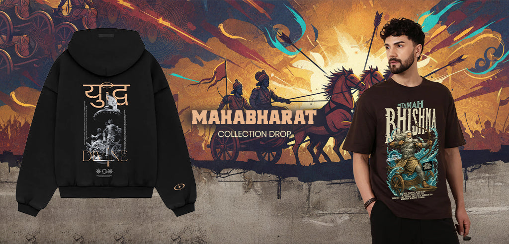 Black hoodie with 'Mahabharat' design on a colorful backdrop, and a person standing.
