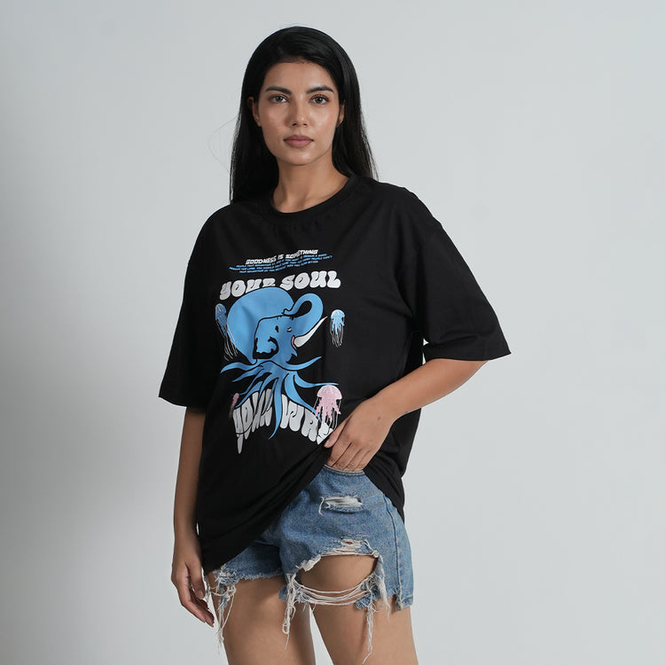 Your Soul Black Oversized cotton Blend Dropshoulder T-shirt for Women
