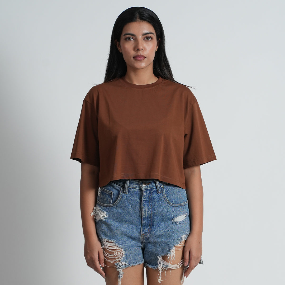 Basic Brown Baggy Fit Dropshoulder Croptop For Women
