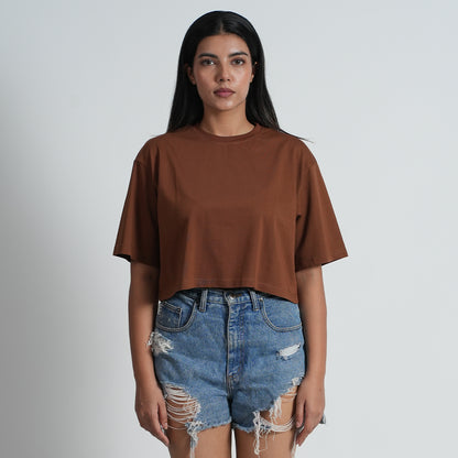 Basic Brown Baggy Fit Dropshoulder Croptop For Women