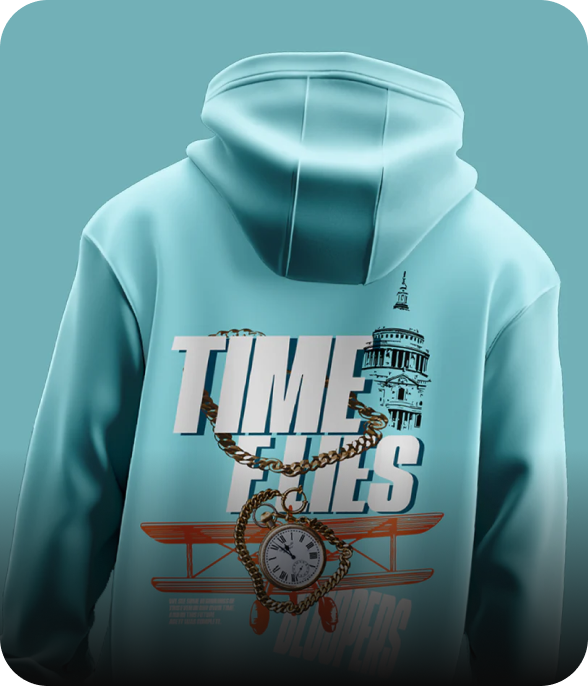 Light blue hoodie with 'Time Flies' design on a light blue background