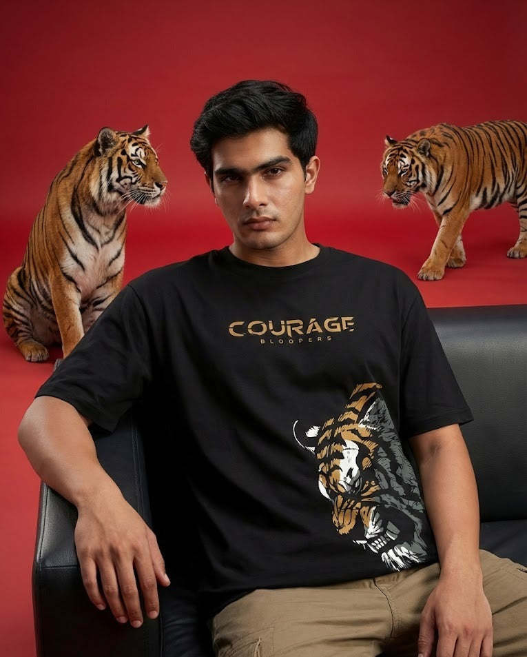 Courage Tiger Black Oversized Drop shoulder T-shirt for Men