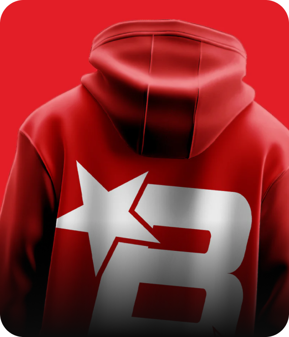 Red hoodie with a white star and letter 'B' on the back 