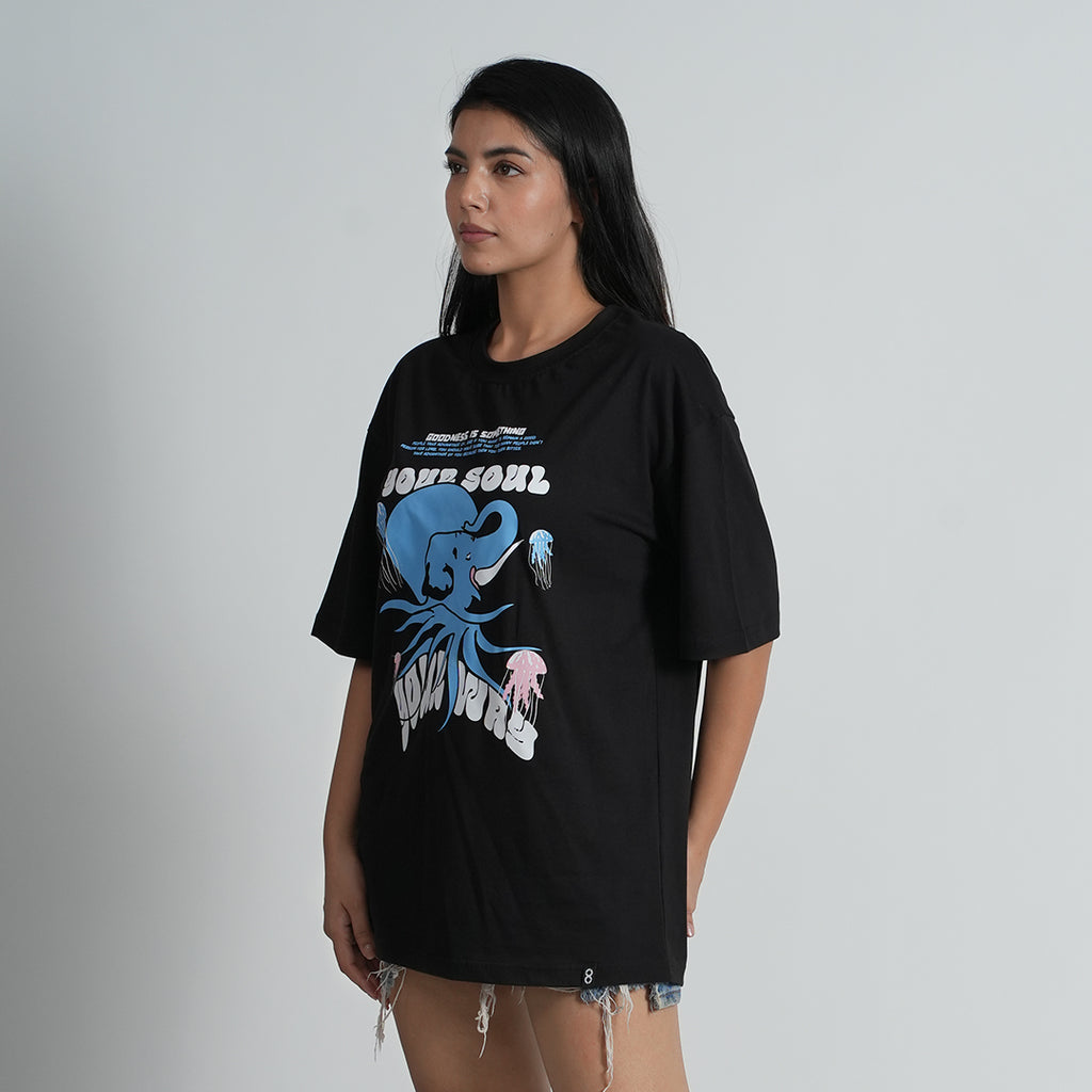 Your Soul Black Oversized cotton Blend Dropshoulder T-shirt for Women