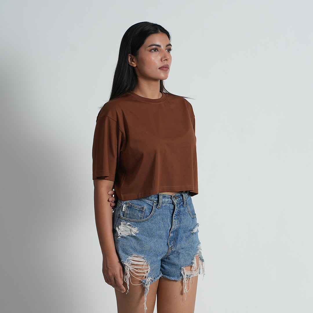 Basic Brown Baggy Fit Dropshoulder Croptop For Women
