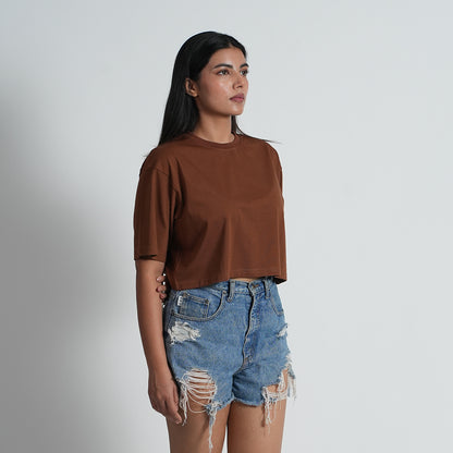 Basic Brown Baggy Fit Dropshoulder Croptop For Women