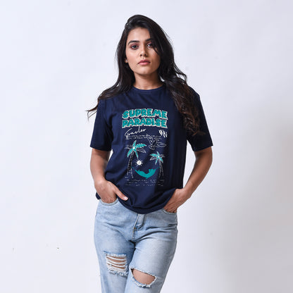 Supreme Paradise Navy Blue Round Neck Graphic T-shirt For Women