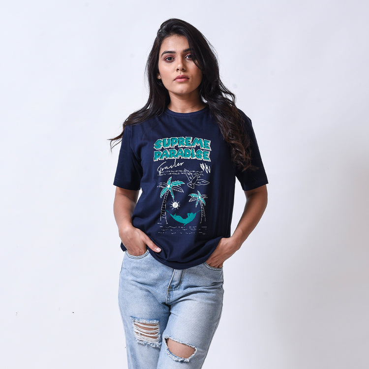 Supreme Paradise Navy Blue Round Neck Graphic T-shirt For Women
