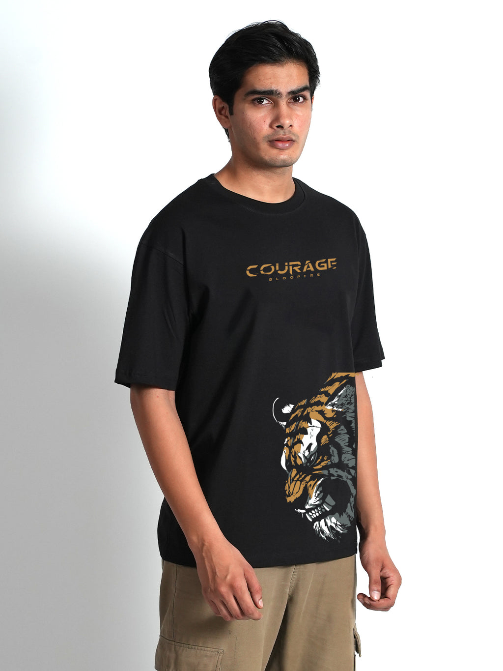 Courage Tiger Black Oversized Drop shoulder T-shirt for Men