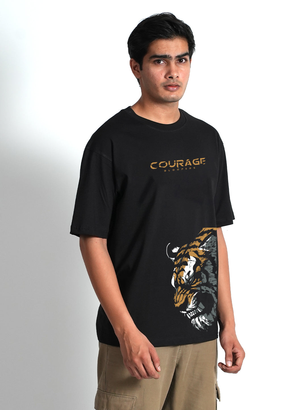 Courage Tiger Black Oversized Drop shoulder T-shirt for Men