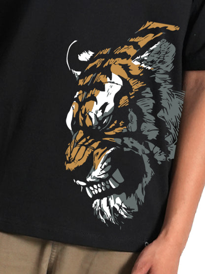 Courage Tiger Black Oversized Drop shoulder T-shirt for Men