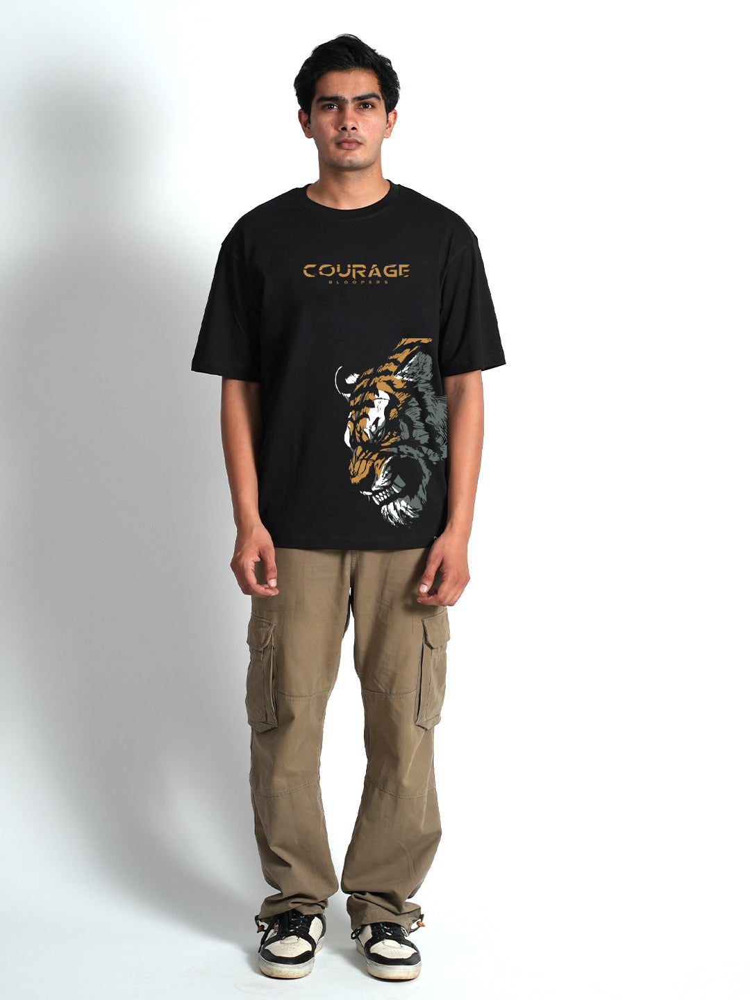 Courage Tiger Black Oversized Drop shoulder T-shirt for Men