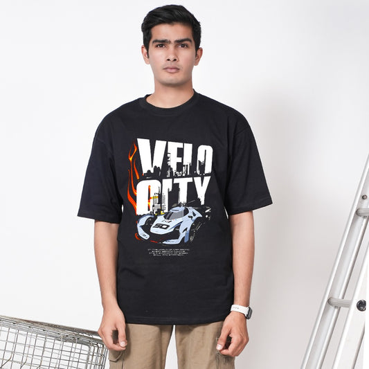 Velocity Black Drop Shoulder Cotton Graphic Printed T-shirt