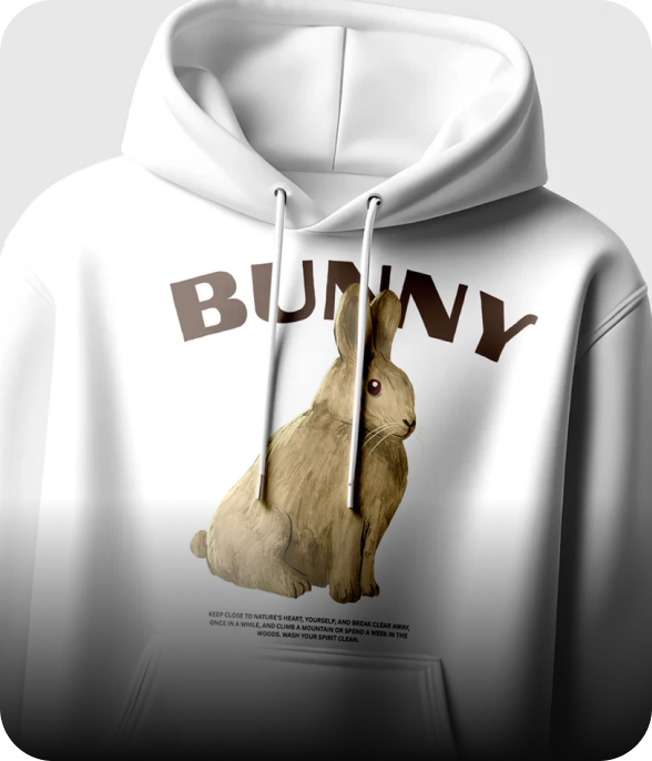 White hoodie with a rabbit graphic and 'BUNNY' text on a gray background