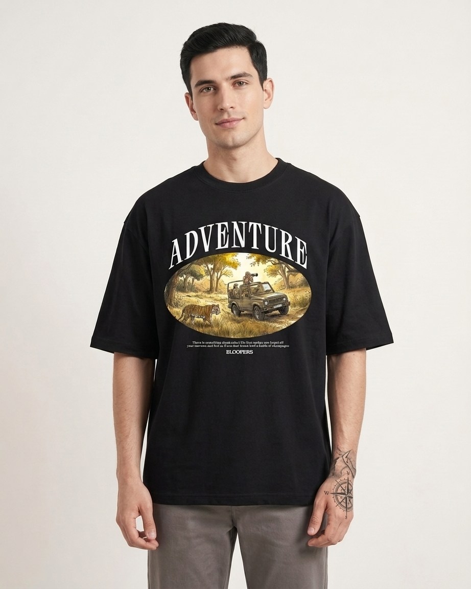 Adventure Black Oversized Drop shoulder T-shirt for Men