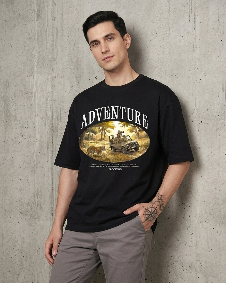 Adventure Black Oversized Drop shoulder T-shirt for Men