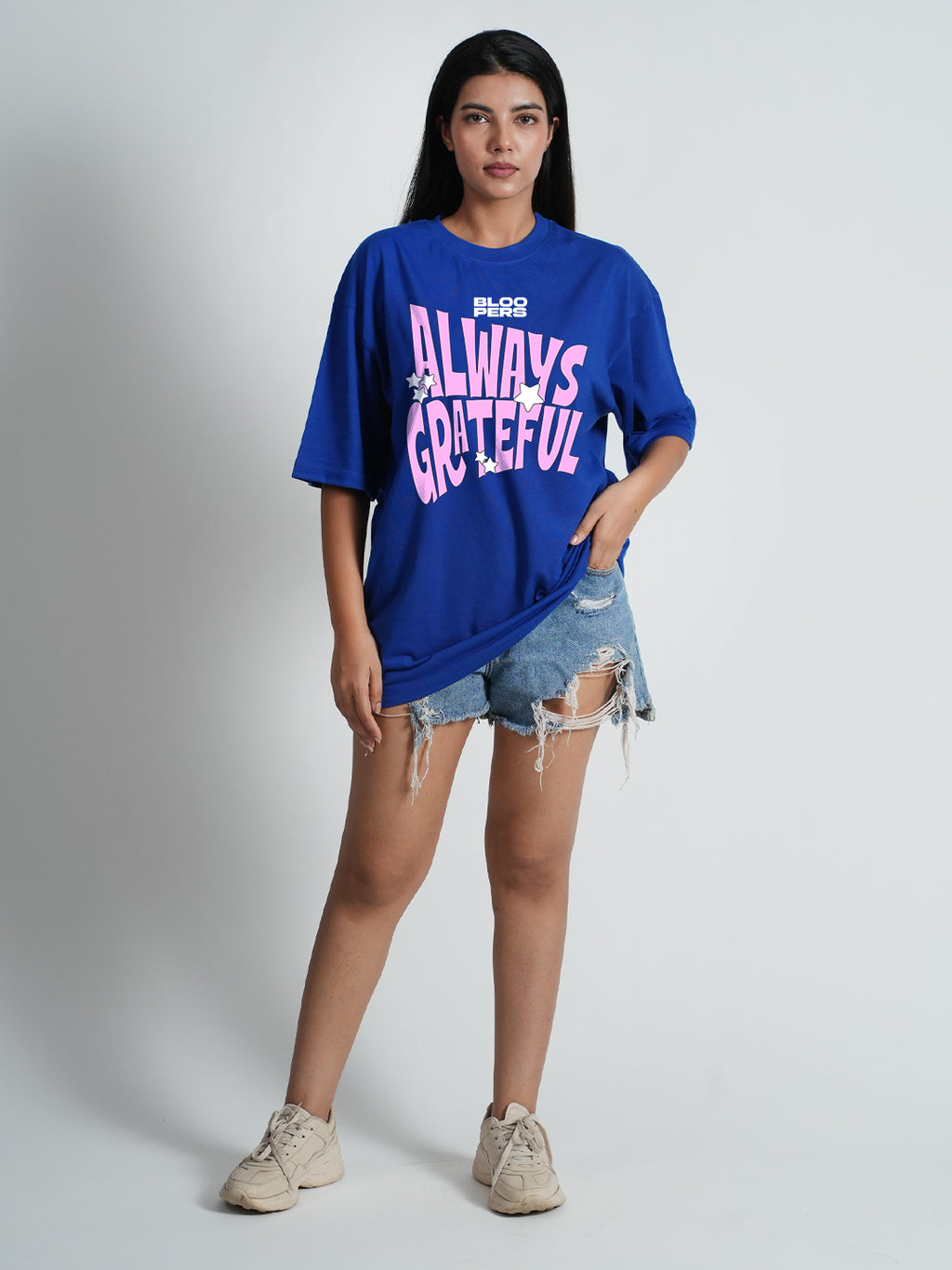 Women's Always on Grateful Graphic Oversized Drop shoulder Royal blue T-shirt