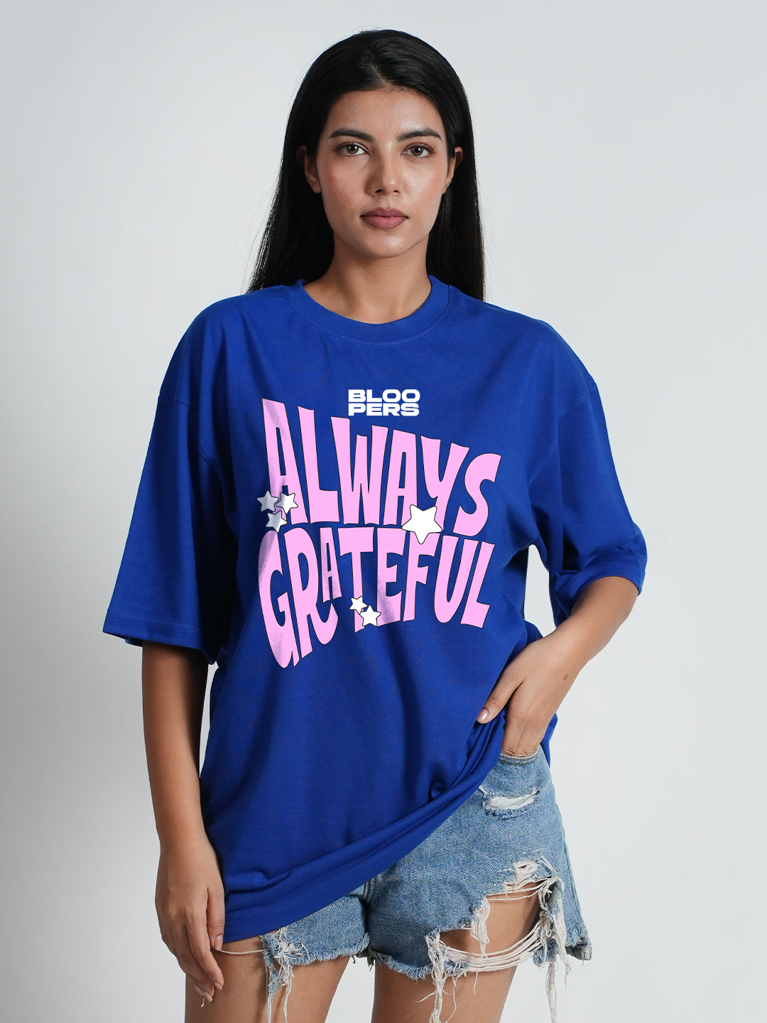 Women's Always on Grateful Graphic Oversized Drop shoulder Royal blue T-shirt