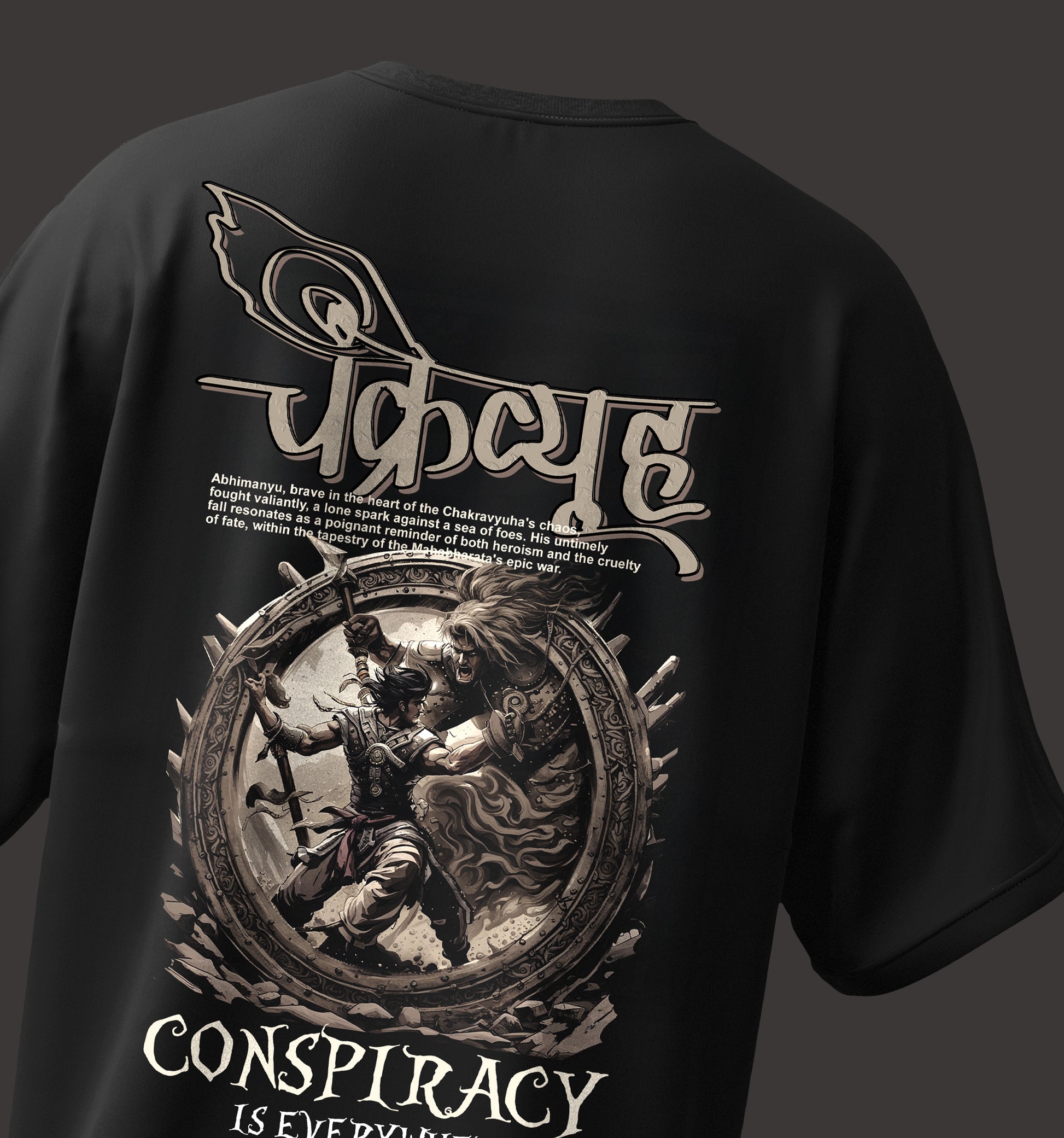 Black t-shirt with graphic design and text on the back