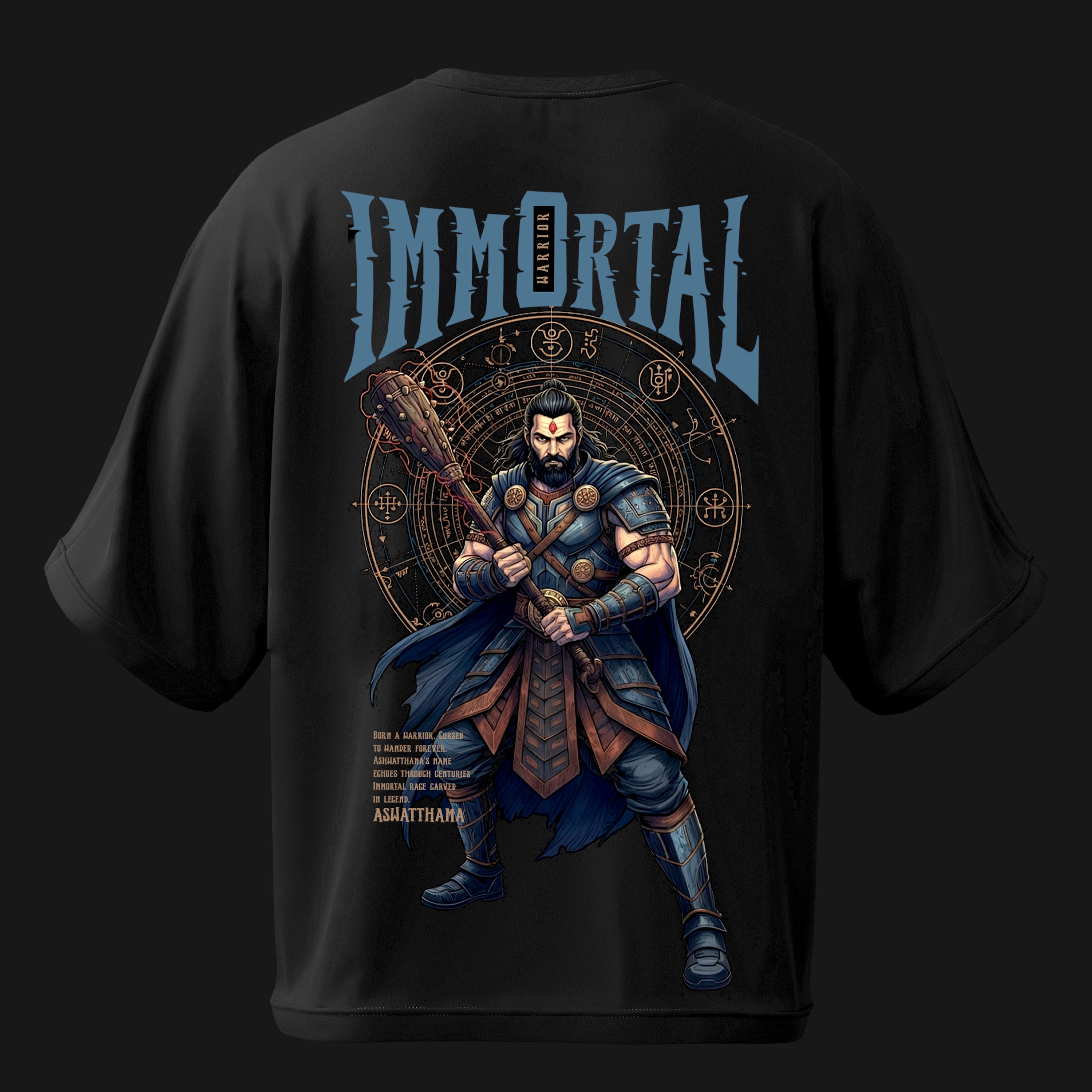 Black t-shirt with a warrior graphic and 'IMMORTAL' text on the back