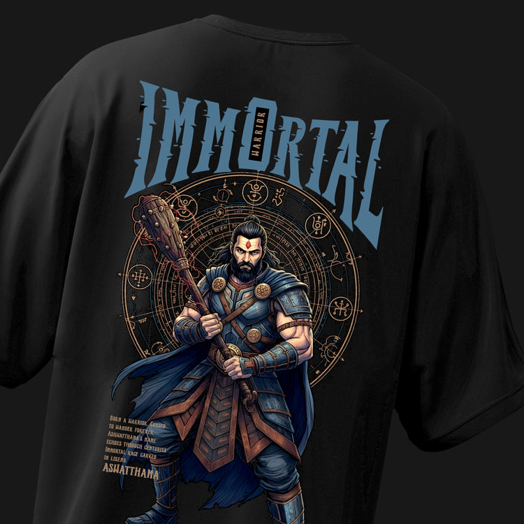 Black t-shirt with a warrior graphic and 'Immortal' text on a dark background
