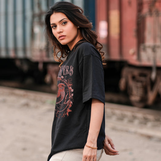 Bloopers Bird women's black oversized dropshoulder t-shirt