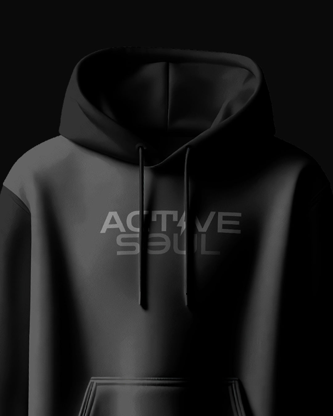 Black hoodie with 'ACTIVE SOUL' text 