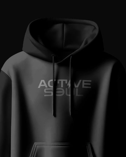 Black hoodie with 'ACTIVE SOUL' text 