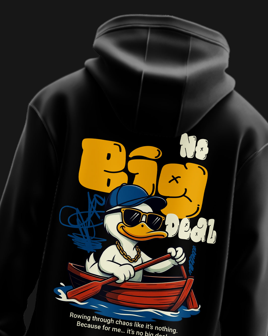 Black hoodie with a cartoon duck in a boat and 'No Big Deal' text 