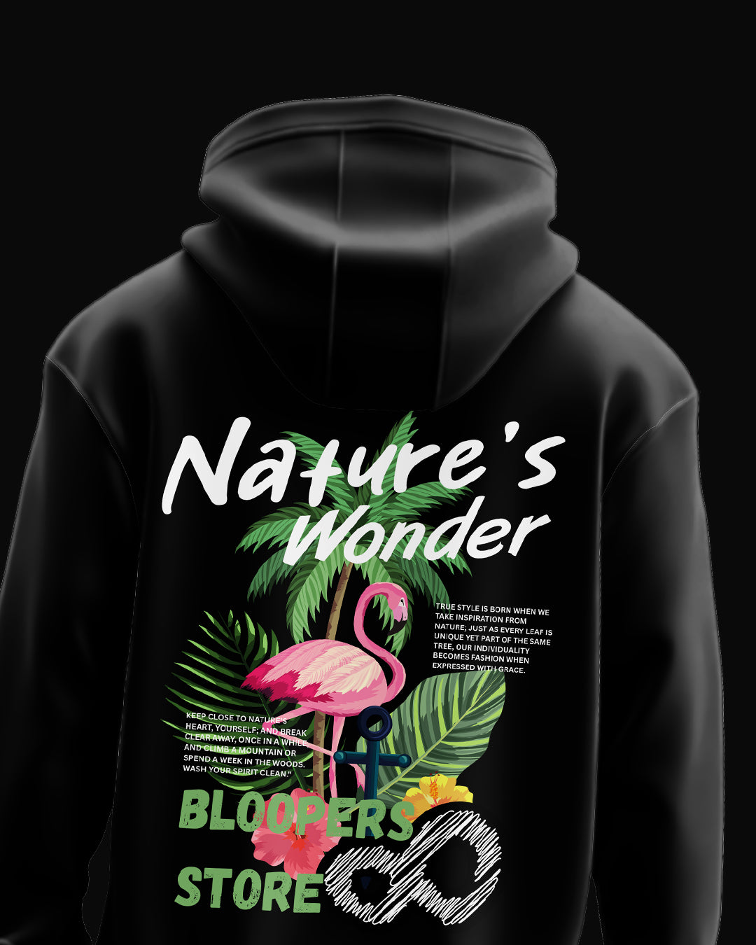 Black hoodie with 'Nature's Wonder' design 