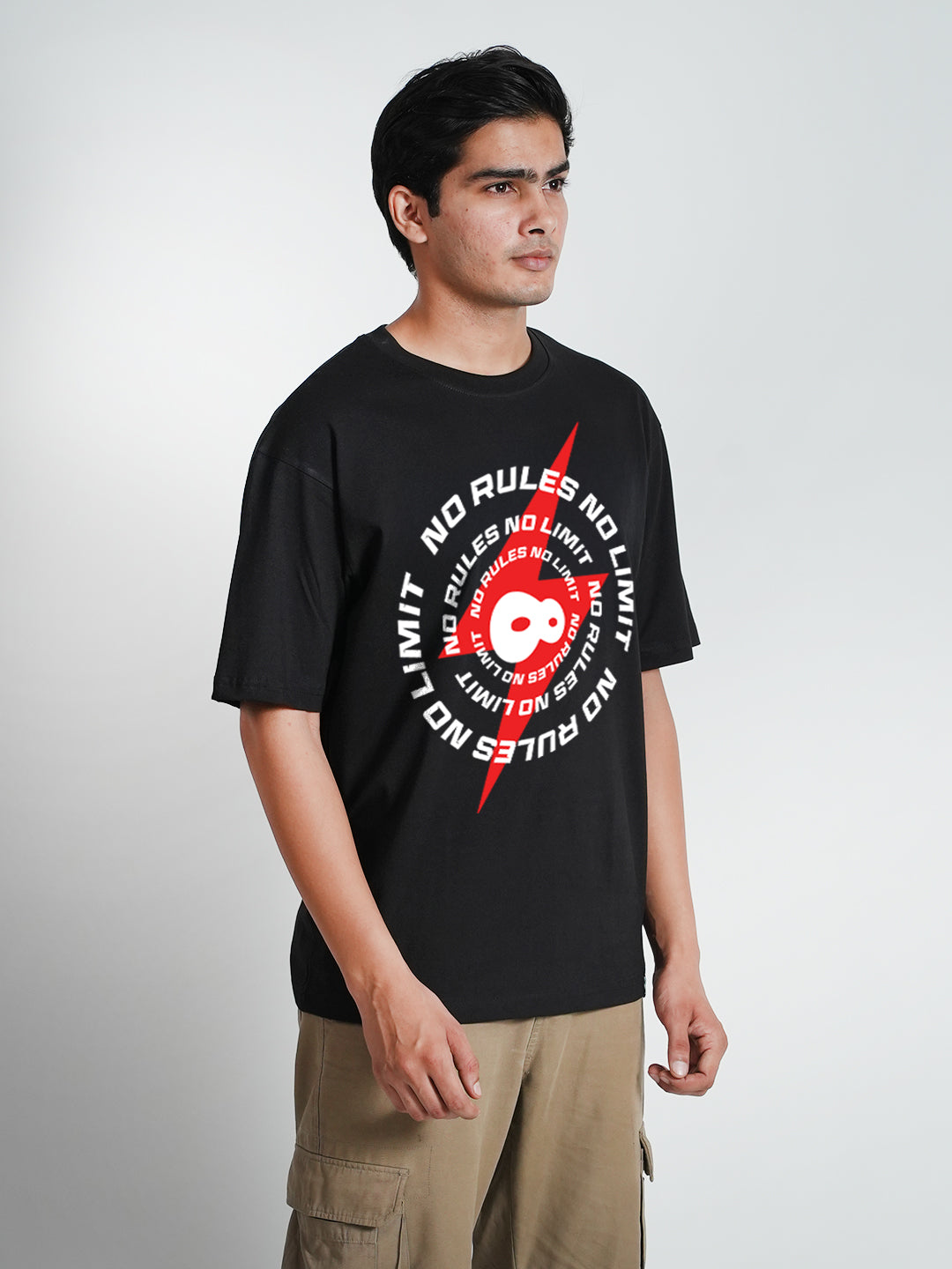 Person wearing a black t-shirt with a red and white graphic