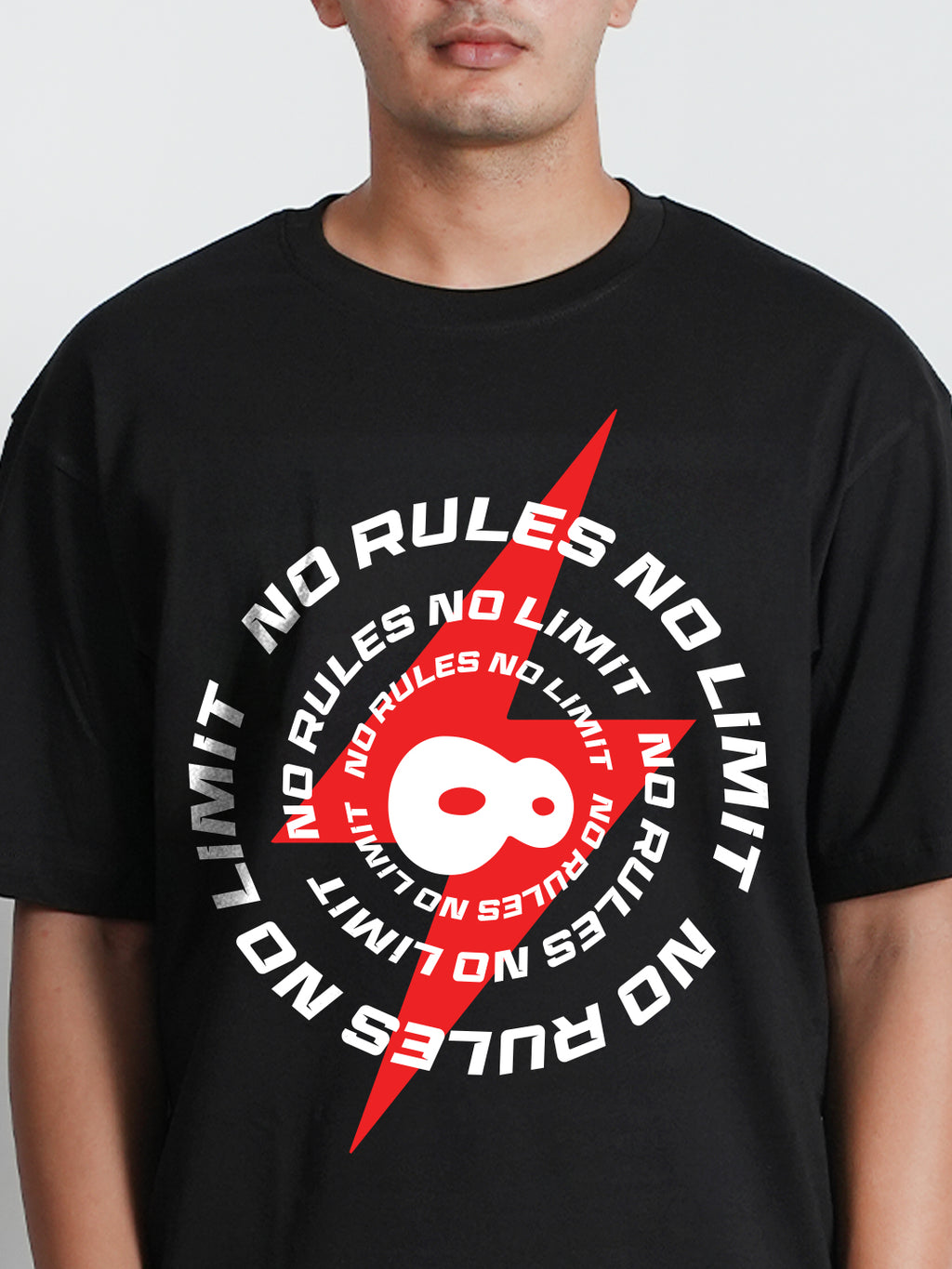 Black t-shirt with red and white graphic design 
