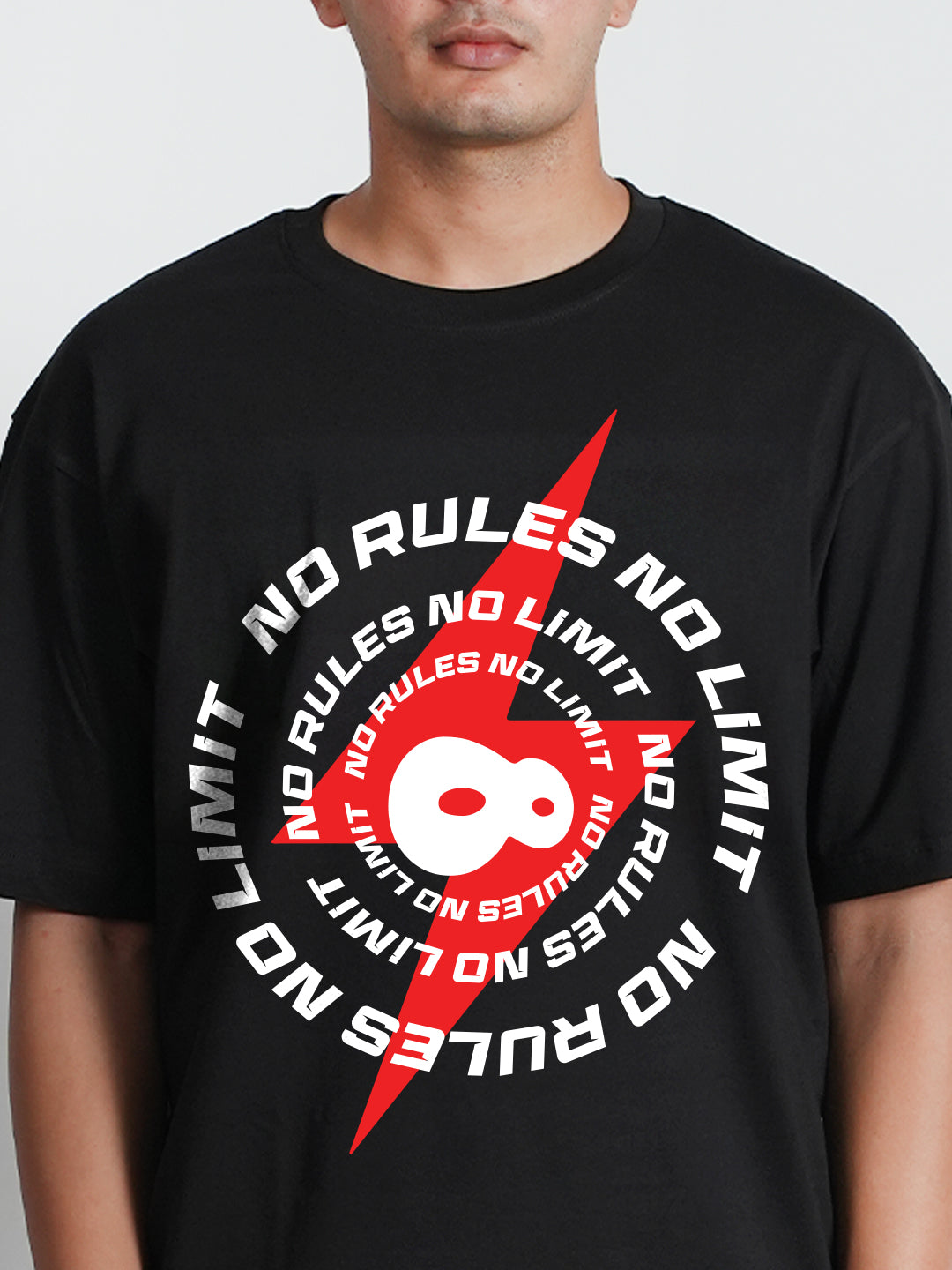 Black t-shirt with red and white graphic design 