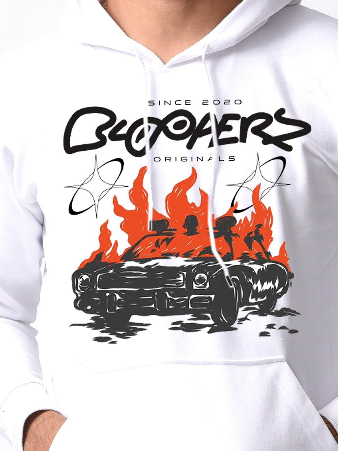 Bloopers White Graphic Printed Winter Wear Hoodie