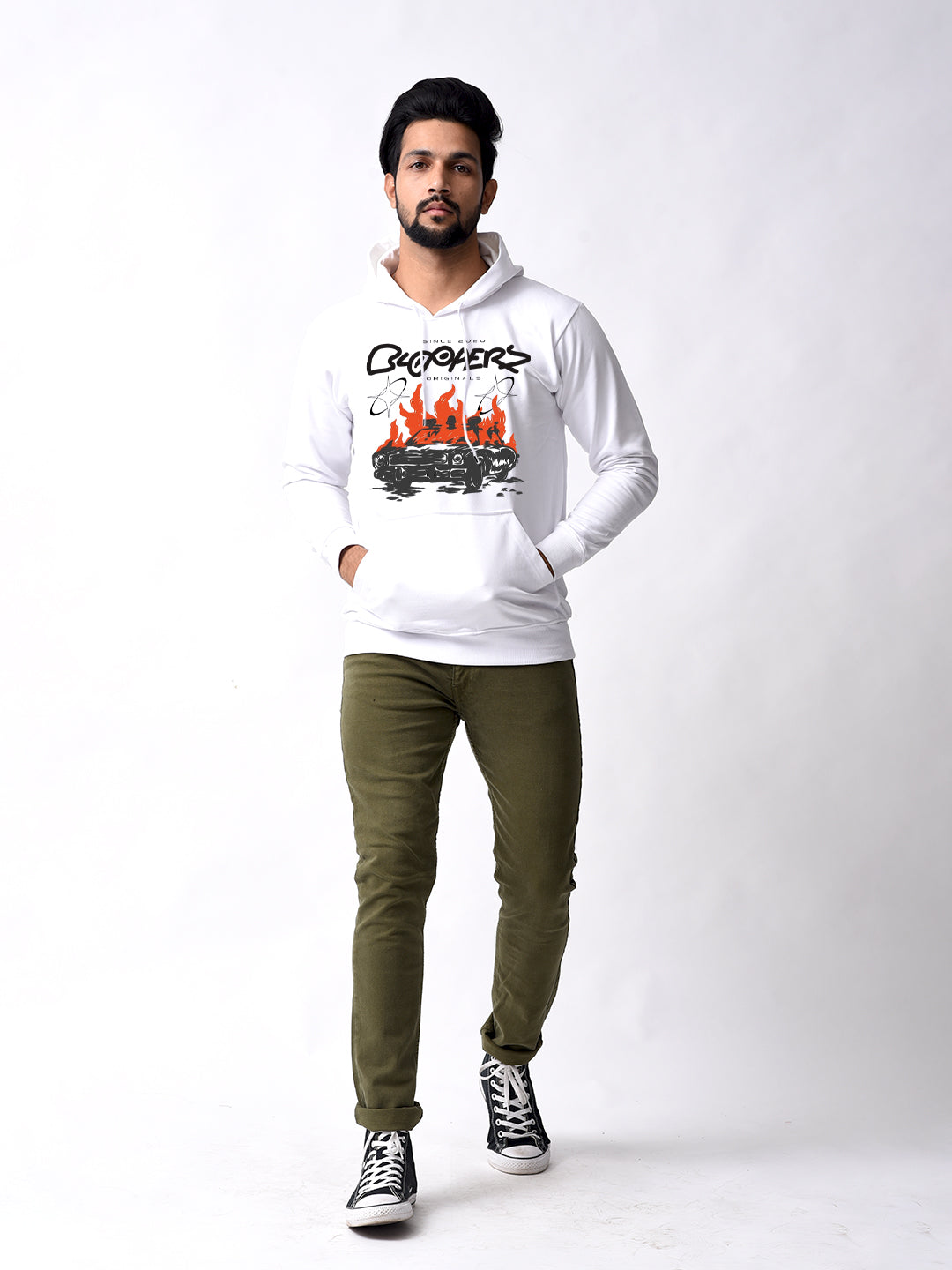 Bloopers White Graphic Printed Winter Wear Hoodie