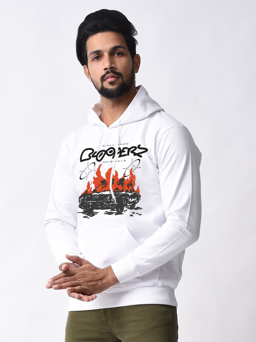 Bloopers White Graphic Printed Winter Wear Hoodie