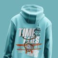 Light blue hoodie with a graphic design 