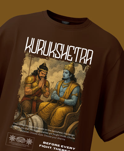 Brown t-shirt with 'Kurukshetra' graphic design 